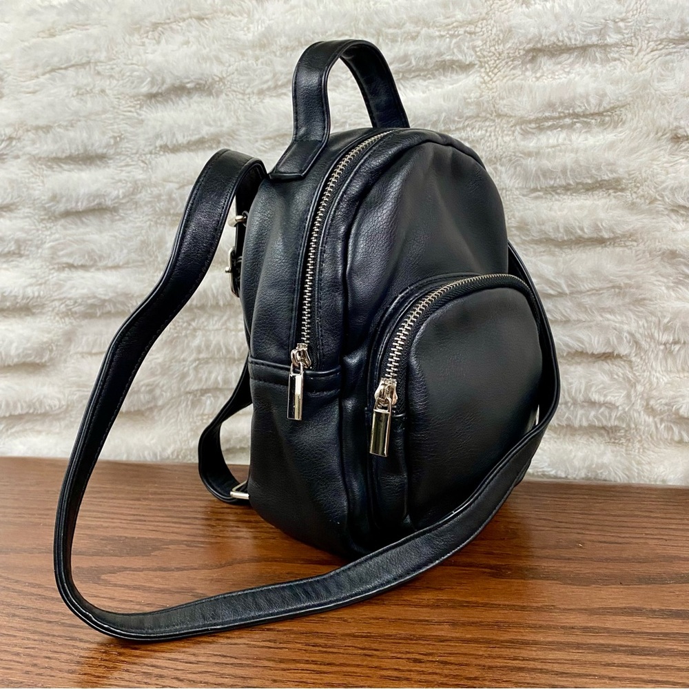 Women’s Mini Backpack Faux Black Leather with Convertible Straps